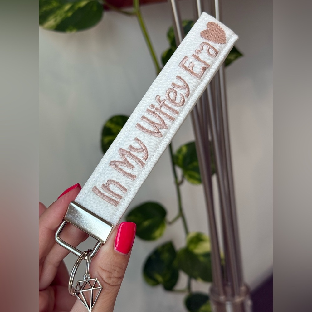 Chic White Keychain with 'In My Wifey Era' Embroidery and Diamond charm